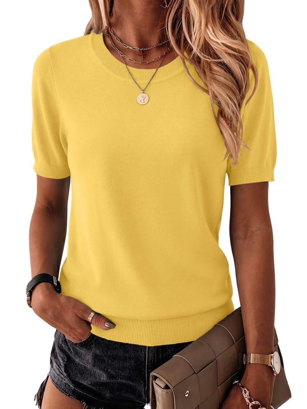 Womens Tops Short Sleeve Sweater Crewneck Basic Fashion Clothing